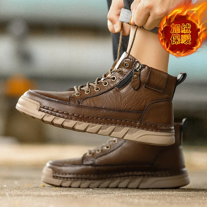 Men Leather Boots Mid Calf Lace Up Anti Slip Rubber Outsole