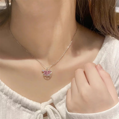 Pink Planet Heart Zircon Pendant Necklace Zinc Alloy For Women