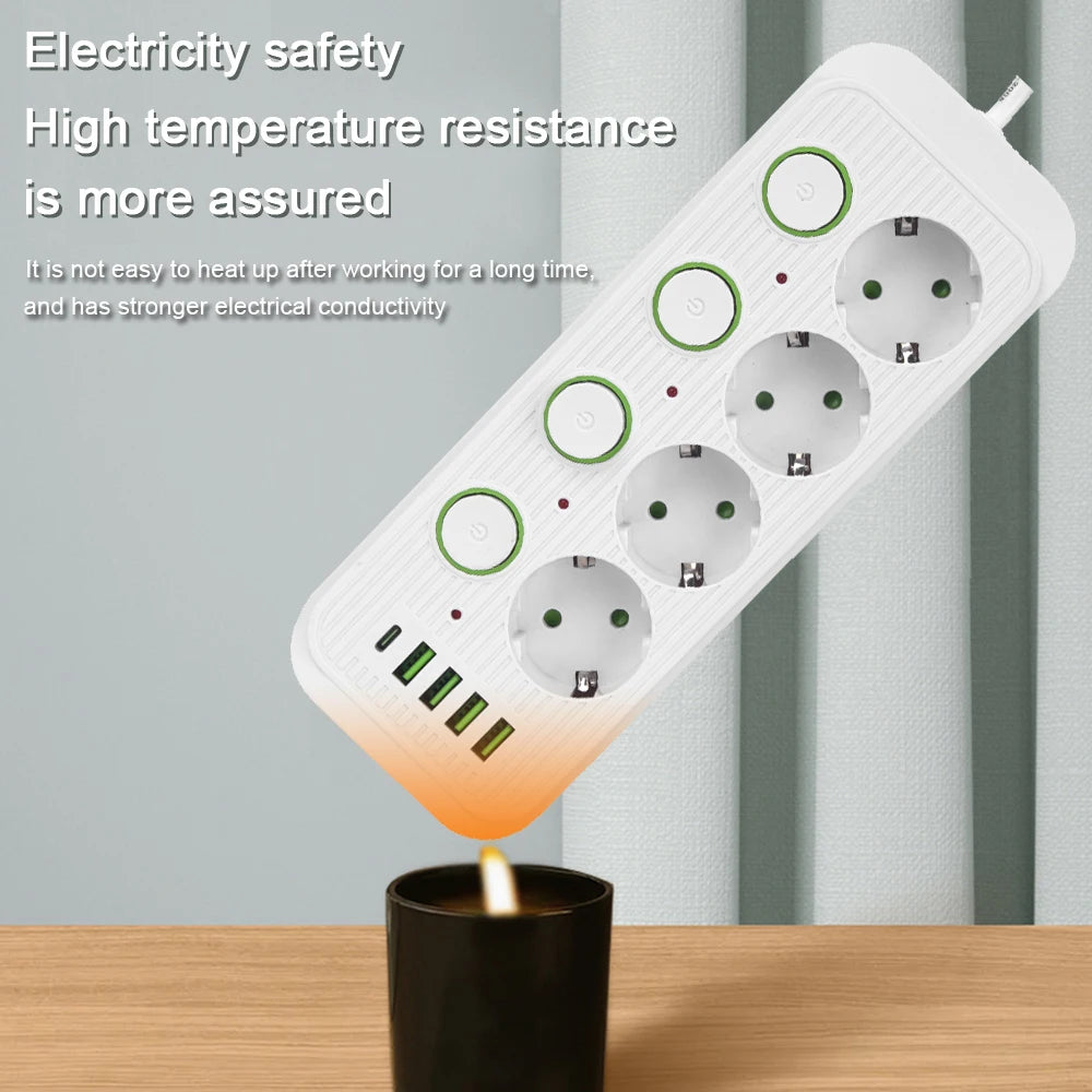 EU Plug Power Strip With USB Ports 2m Extension Cable Surge Protector