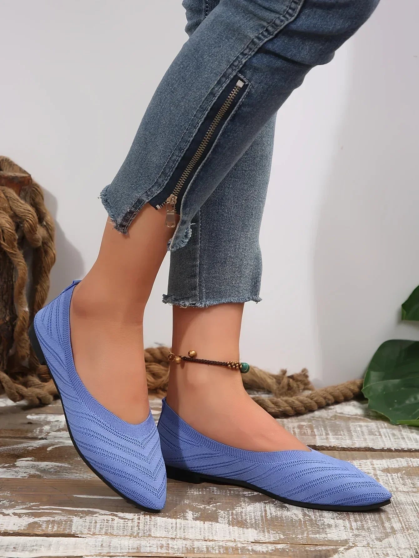 New 2024 Pointed Toe Flat Office Boat Solid Color Knitted Slip on Shoes Casual Ballet Flats Shoes Women Loafers Zapatos De Mujer