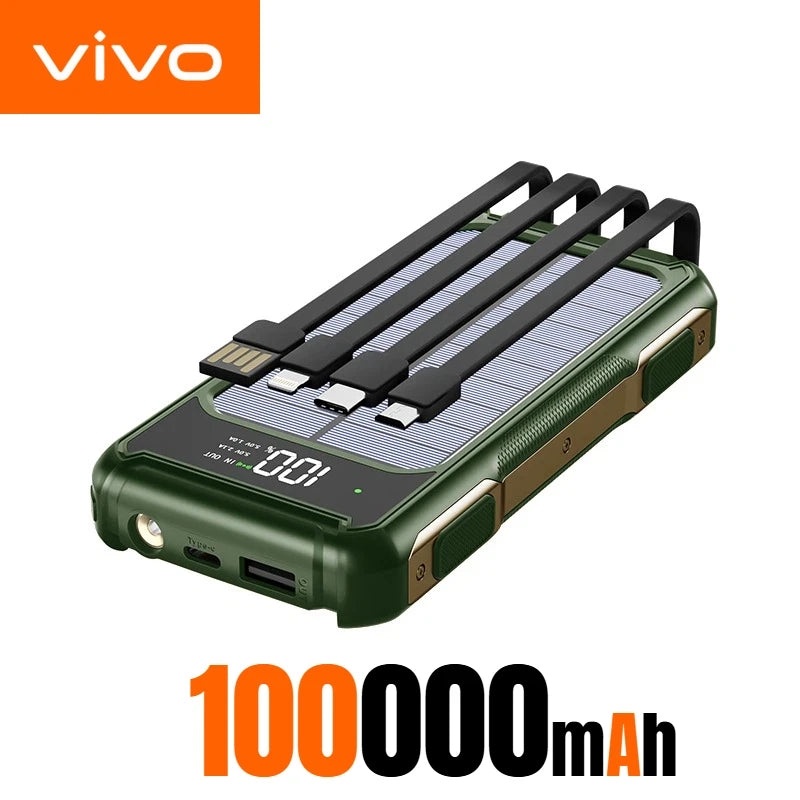 VIVO 200000mAh Solar Power Bank Large Capacity 4 in 1 Built in Cables Intelligent Digital Display Laser Light For Samsung