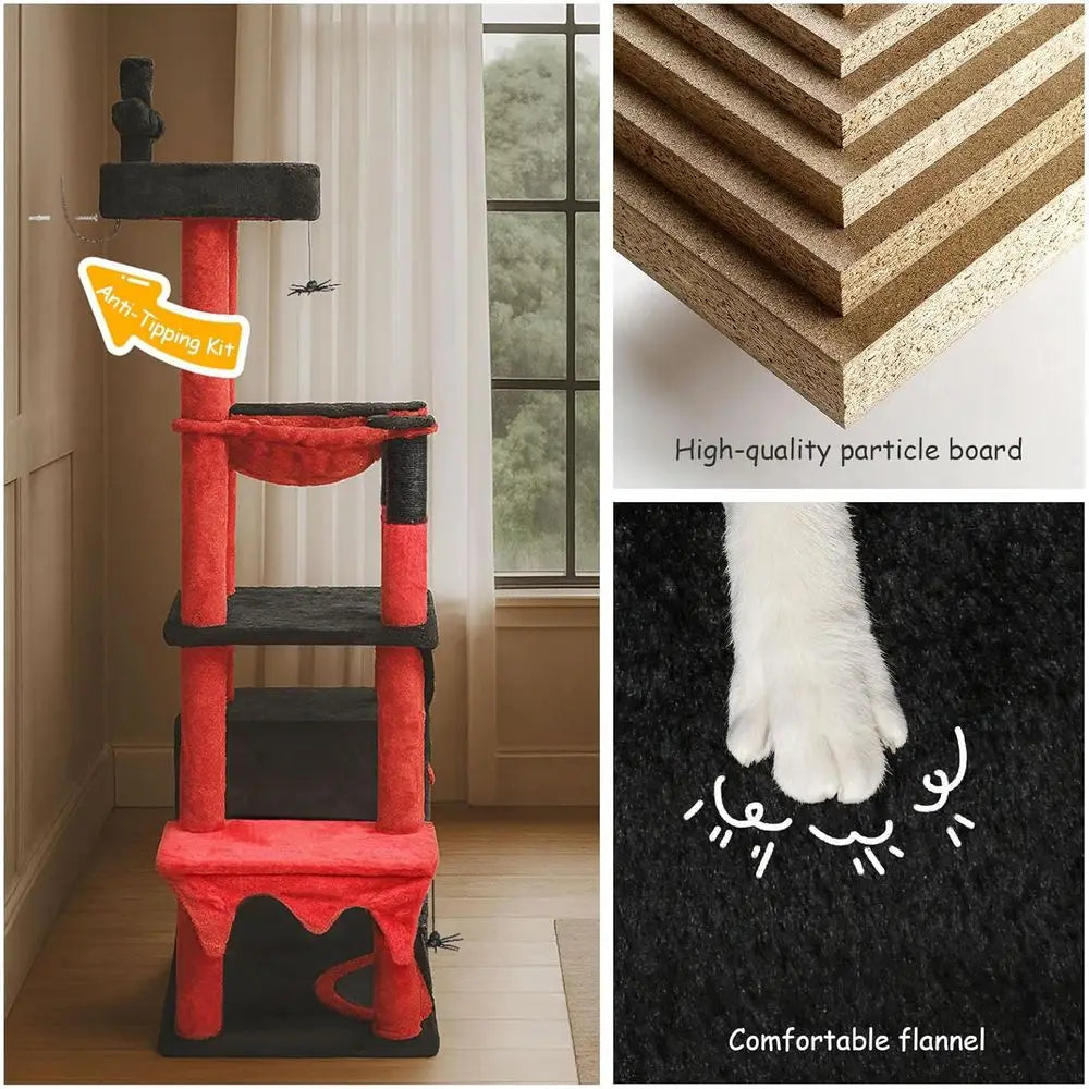 Halloween-Themed 66 Tall Gothic Cat Tree with Bed, Hammock, Toys, and Scratching Posts in Black and Red