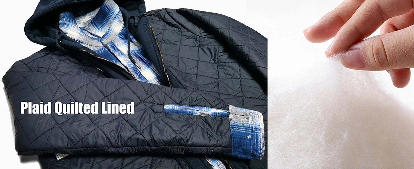 TACVASEN Men's Flannel Shirt Jacket with Removable Hood Plaid Quilted Lined Winter Coats Thick Hoodie Outwear Man Fleece Shirts