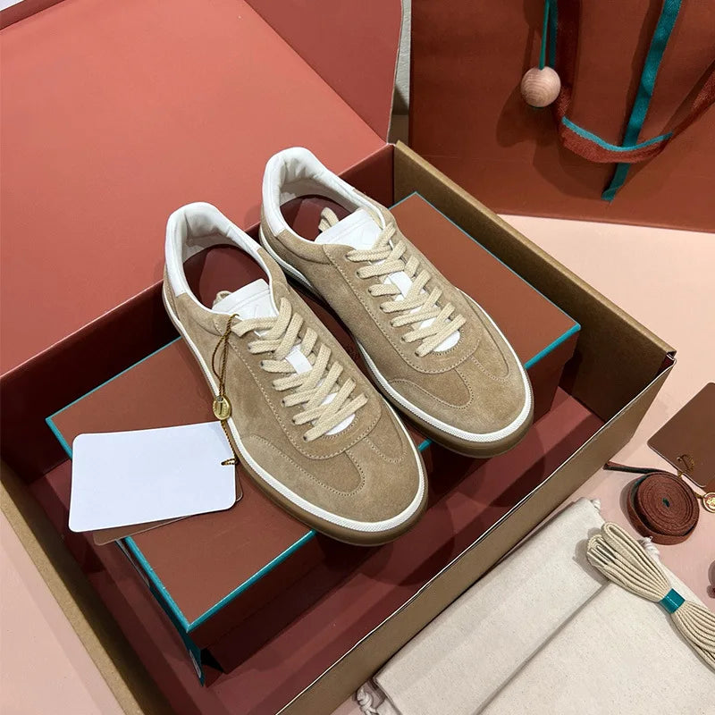 Men's Genuine Leather Lace Up Round Toe Trainer Shoes White