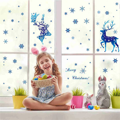 Holiday Window Clings – Blue Snowflake & Elk Christmas Static Stickers for Festive Wall & Glass Decor