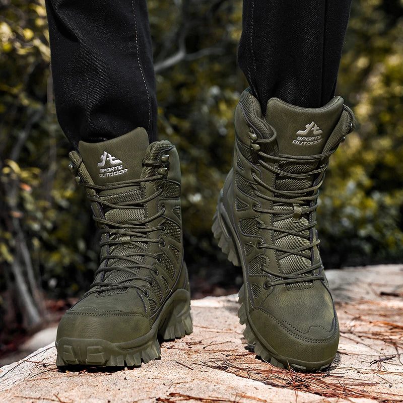 High-Top Leather Men's Boots Breathable Desert Combat Boots Outdoor Non-slip Hiking Boots Men Motorcycle Boots Work Ankle Boots