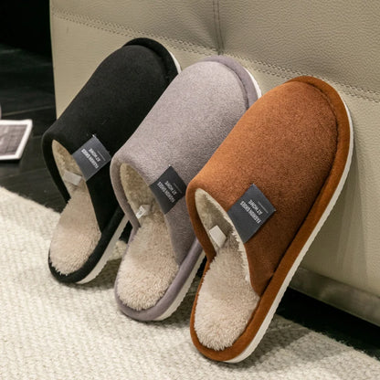 Men's Warm Plush Lined Indoor Slippers with Flat Heel
