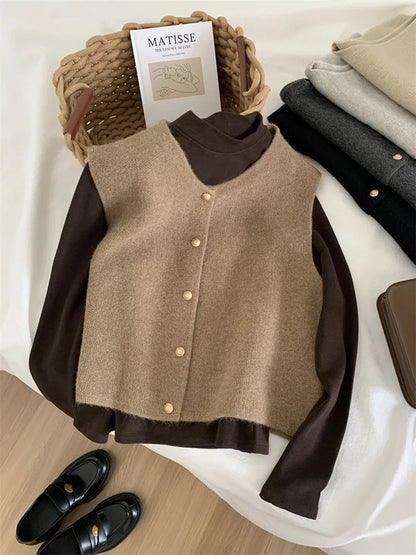 Women Gold Button Knitted Sleeveless Vest Waistcoat Cardigan