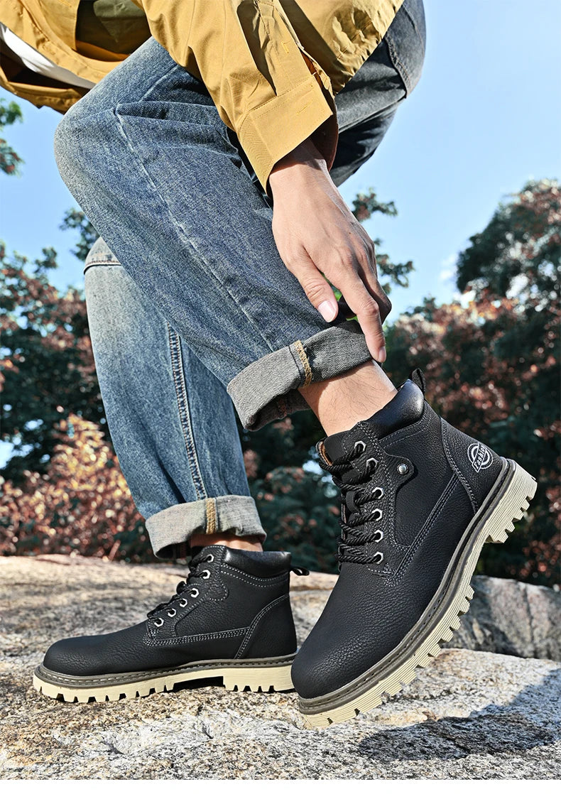 Leather Men Work Boots Mid Calf Ankle High Top Non Slip