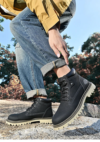 Leather Men Work Boots Mid Calf Ankle High Top Non Slip