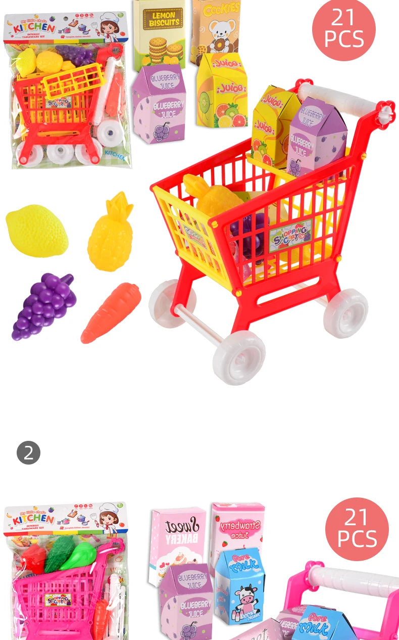 Shopping Cart Toys, Trolley for Groceries Supermarket Playset Fruit Vegetables Play Food Role Kitchen Store Toys for 3+ Kids