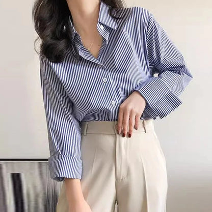 Striped Women's Blouse With Lantern Sleeves And Stand Collar Polyester