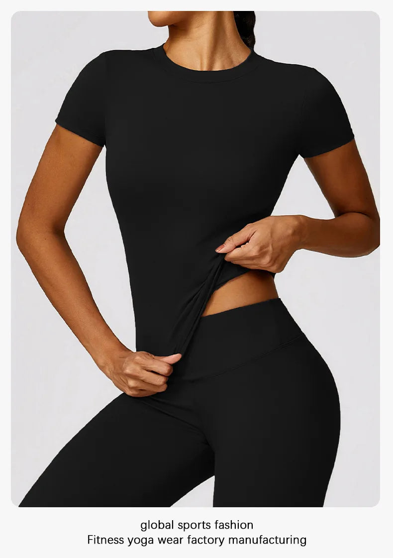 Women's Sports T Shirt Summer Short Sleeve Running Round Neck Breathable Stretchy GYM Yoga Slim Fitness Active Top Tee