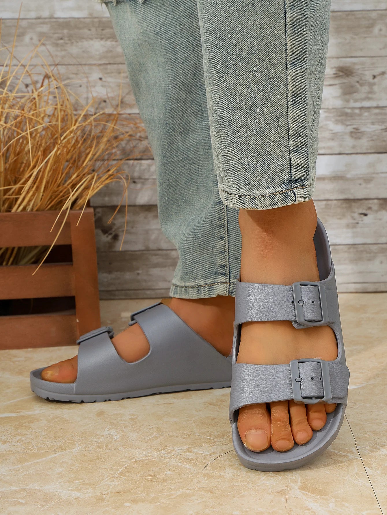 EVA Slip On Slippers With One Piece Molded Double Strap Adjustable Buckle