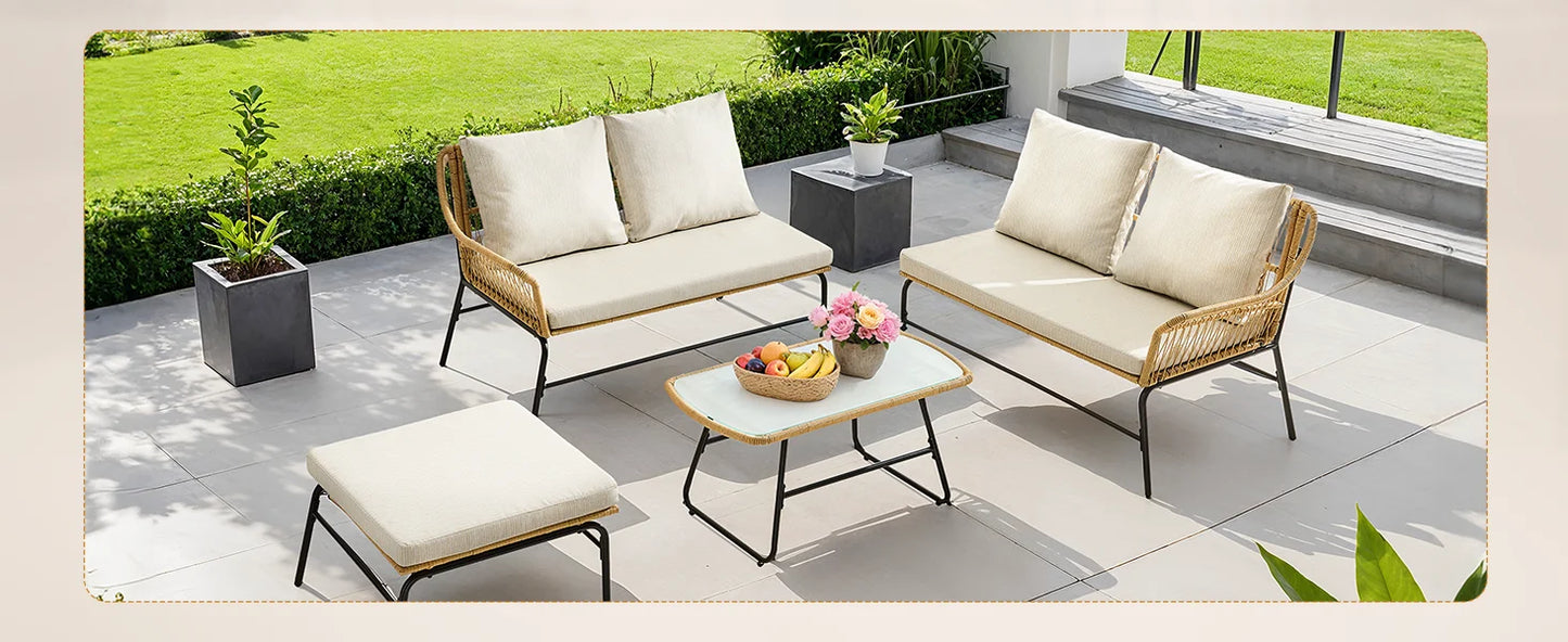 4-Piece Outdoor Sectional Set, Wicker Patio Couch Sets and Glass Coffee Table, L-Shaped Waterproof Olefin Fabric Outdoor Sofa