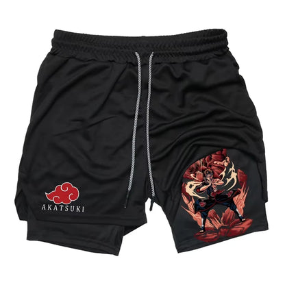 2-In-1 Compression Running Shorts With Towel Loop Pockets Anime Print