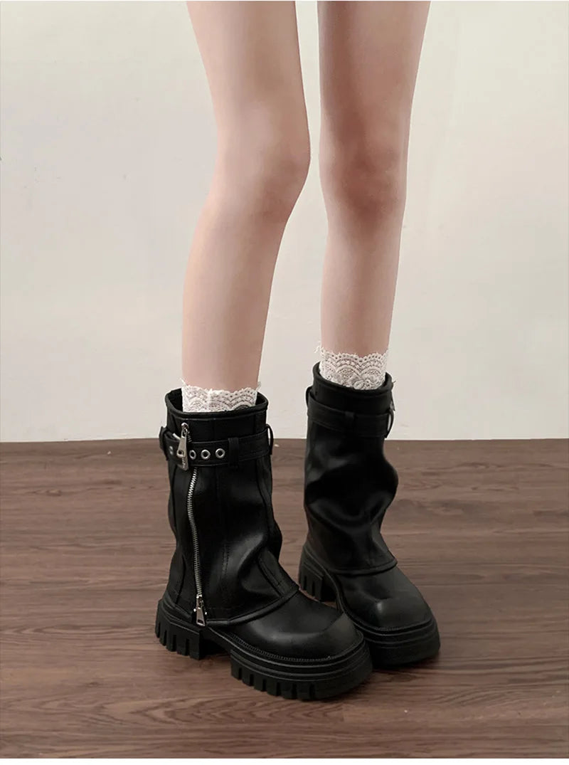 Winter Women Biker Boots Fashion Belt Buckle Ladies Elegant Platform Flats Short Booties Casual Women's Knight Booties