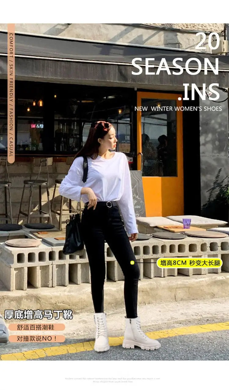Booties 2025 New Korean Style Fleece-Lined Autumn Winter High-Top Cotton Shoes Women's Boots High Heel Mid-Calf Bootsins