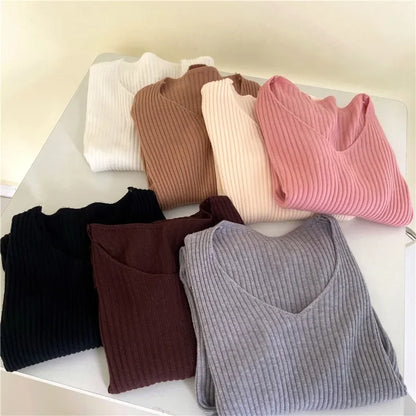 Women's V-Neck Knitted Pullover, Long Sleeve Slim Fit Jersey Top