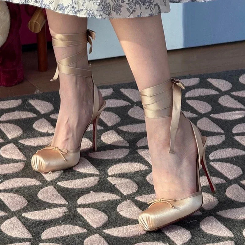 Ladies' New Summer Square Satin High-heeled Sandals with Ankle Straps, Fashionable Party and Banquet Ballet High-heeled Shoes