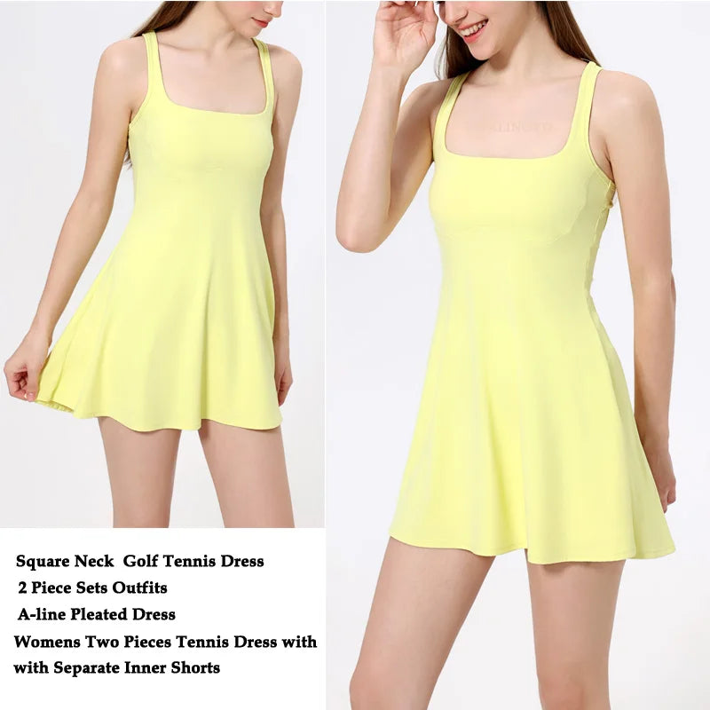 VITALINOVO Square Neck Womens Two Pieces Tennis Dress with Shorts Open Racerback Built-in Bra Workout Athletic Golf Dresses
