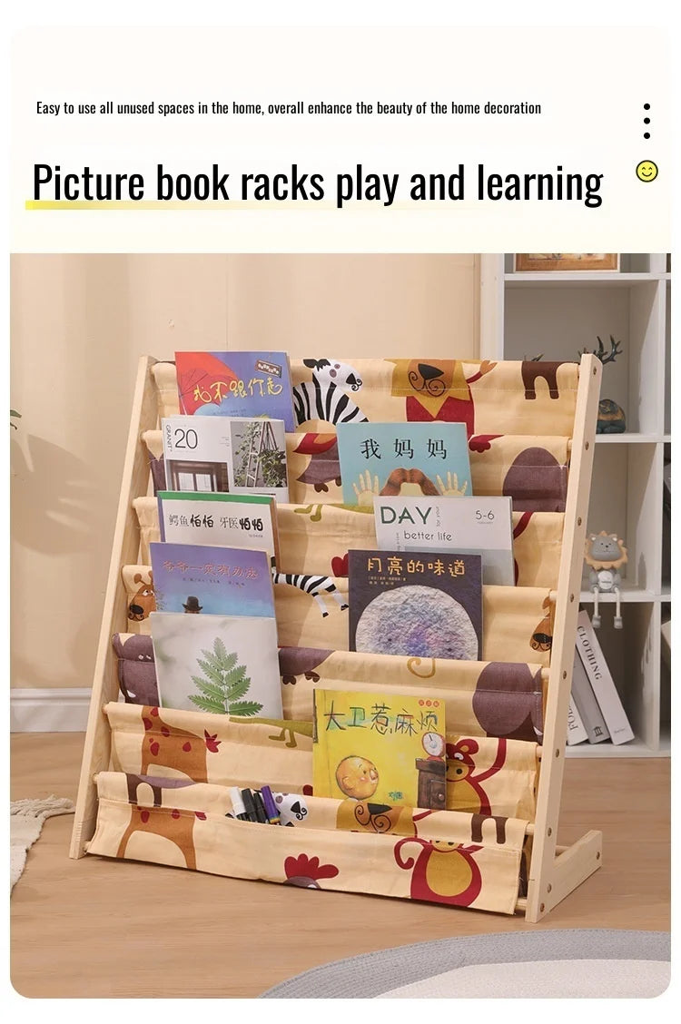 Wooden Movable Kids Bookshelf Multi-Layer Storage Bookcase Floor Standing Reading Shelf for Children's Books & Toys