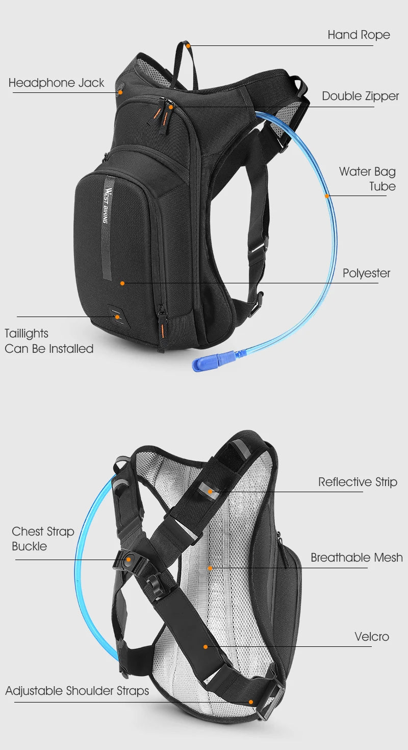 WEST BIKING 10L Ultralight Cycling Backpack Ergonomic Strap MTB Road Bicycle Bag With Water Bag Outdoor Hiking Climbing Bag