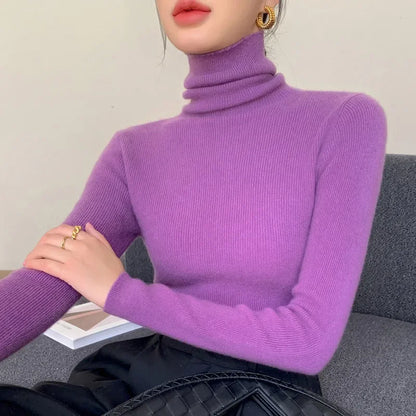 Women's Turtleneck Knit Pullover Sweater, Slim Fit, Long Sleeve, Solid