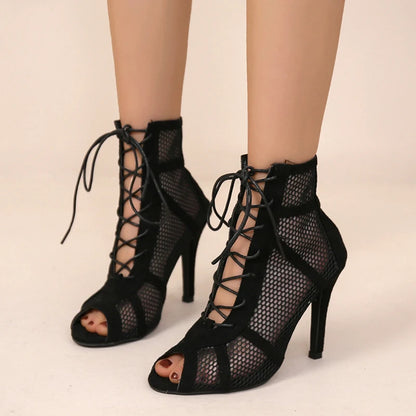 Women's Hollow Mesh Peep Toe Ankle Strap Sandals, Black, 3-5 cm Heel