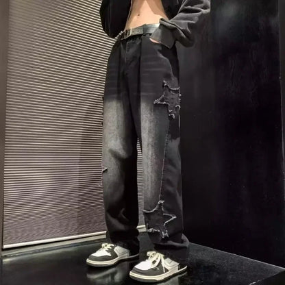 Men's Brown Cotton Jeans With Star Embroidery Straight Fit