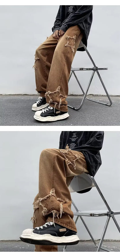 Men's Brown Cotton Jeans With Star Embroidery Straight Fit
