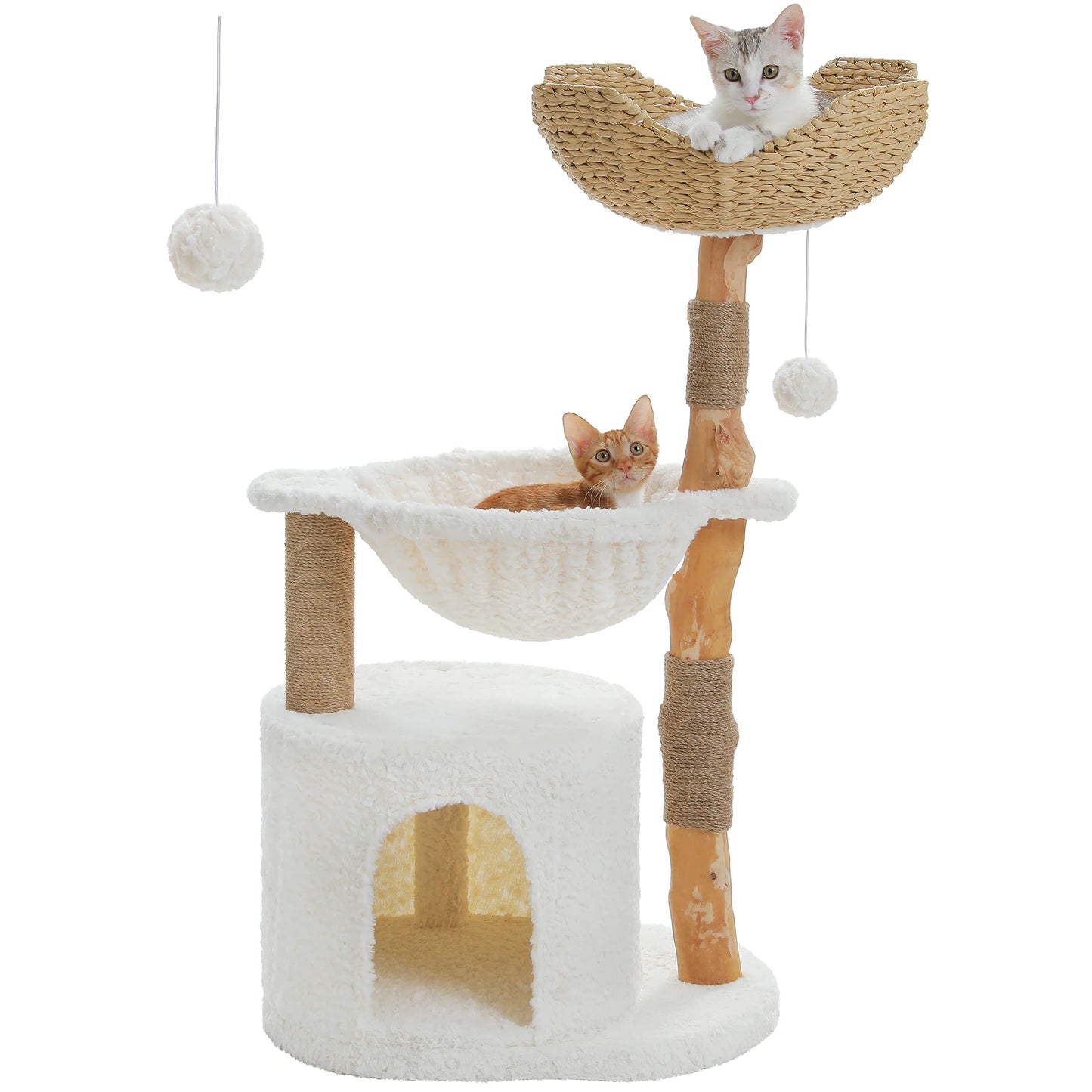 Solid Wood Cat Tree Modern Cat Tower with Spacious Cat Condo,Flower Perches,Fun Pompom,Double Comfort Perfect for Indoor Kittes
