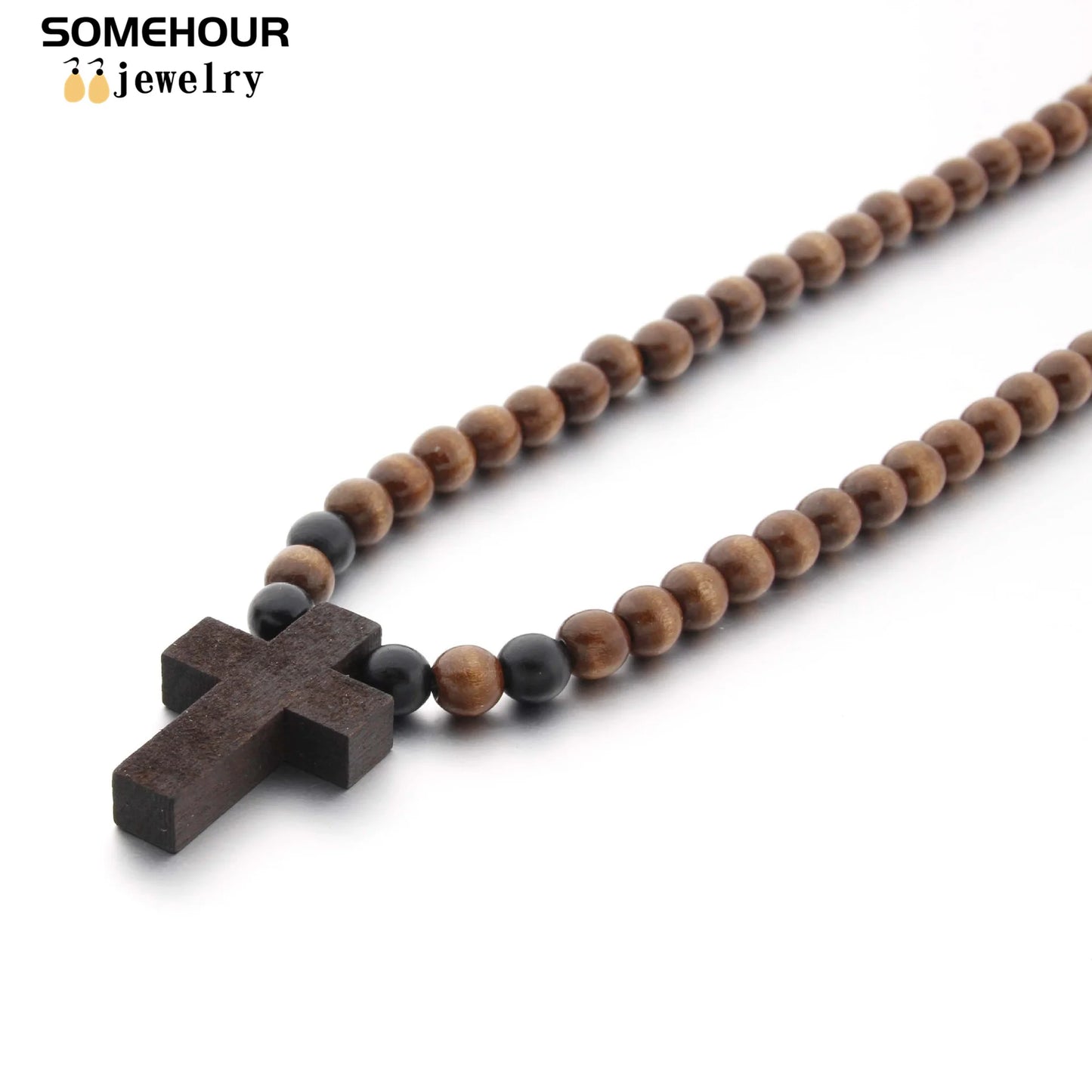 Wood Bead Cross Necklace & Bracelet Set – Religious Accessories for All