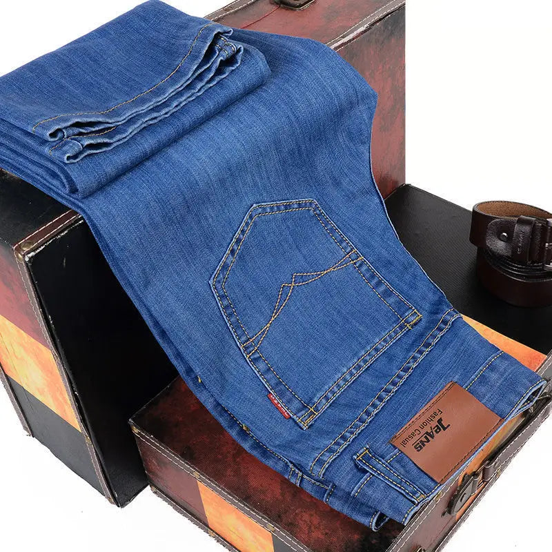 Autumn Classic Men's Fitted Stretch Jeans Business Casual Cotton Denim Straight Leg Pants Male Black Blue Trousers