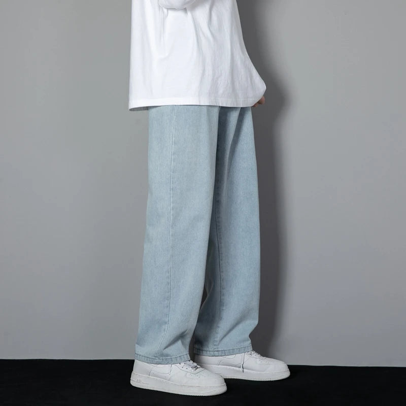 Men Denim Jeans Loose-Fit Casual Wide-Leg Light Blue Grey Black