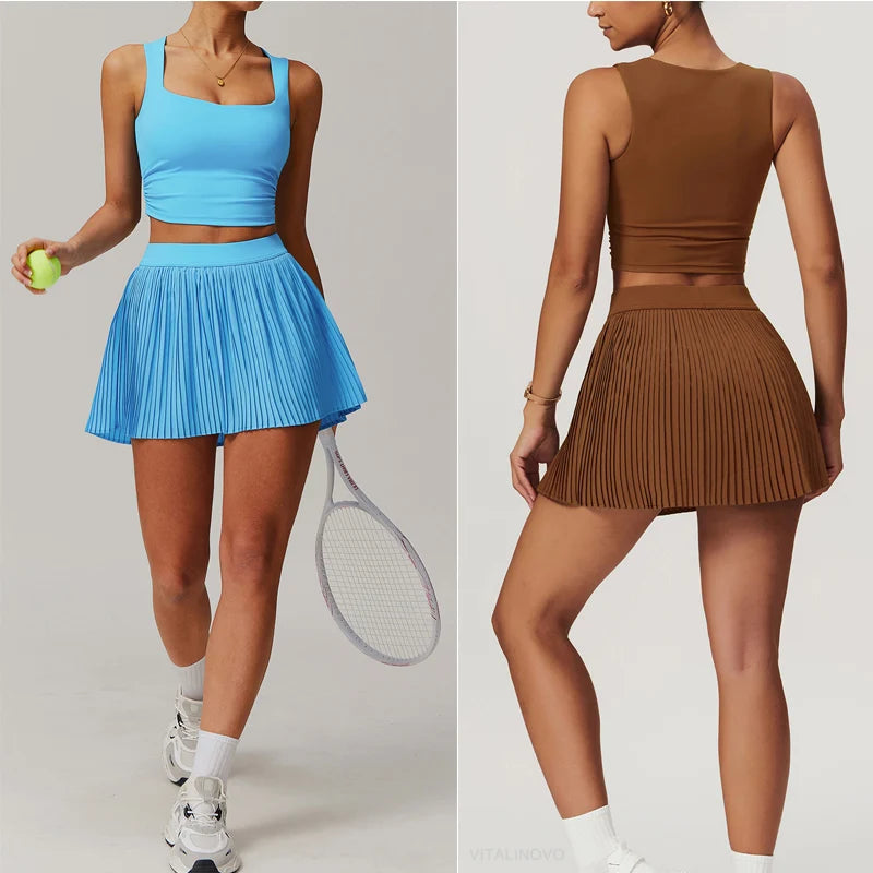 VITALINOVO Tennis Dress for Women 2 Pieces High Waisted Pleated Skirt Sets Racerback Padded Workout Crop Tank Tops Golf Workout