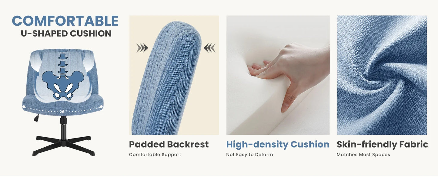 Criss Cross Legged Office Chair, Armless Wide Seat No Wheels, Modern Home Desk Height Adjustable Swivel