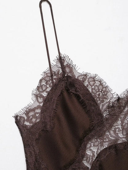 Women Backless Lace Splicing Mini Dress Sleeveless Solid Asymmetrical Polyester