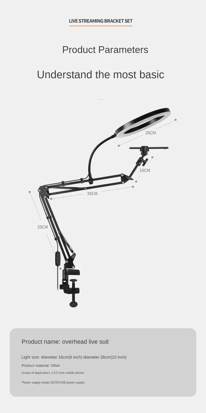 Professional Tripod For Mobile Phone With Overhead Lighting And Selfie Stick