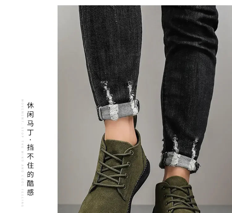 High Top Casual Board Shoes Men's Lace Up Suede Black Flat Bottom Short Boots Men's Chelsea Boots High-quality Brand Denim Boots