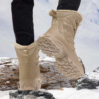 Men's Waterproof Leather Snow Boots Mid-Calf Lace-Up With Plush Lining
