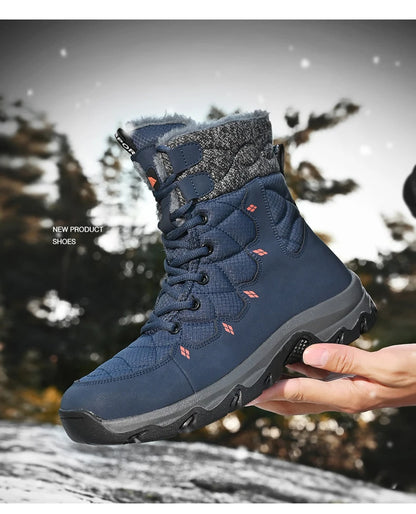 Men's Winter Snow Boots Leather Waterproof Mid-Calf Plush Lining Lace-Up