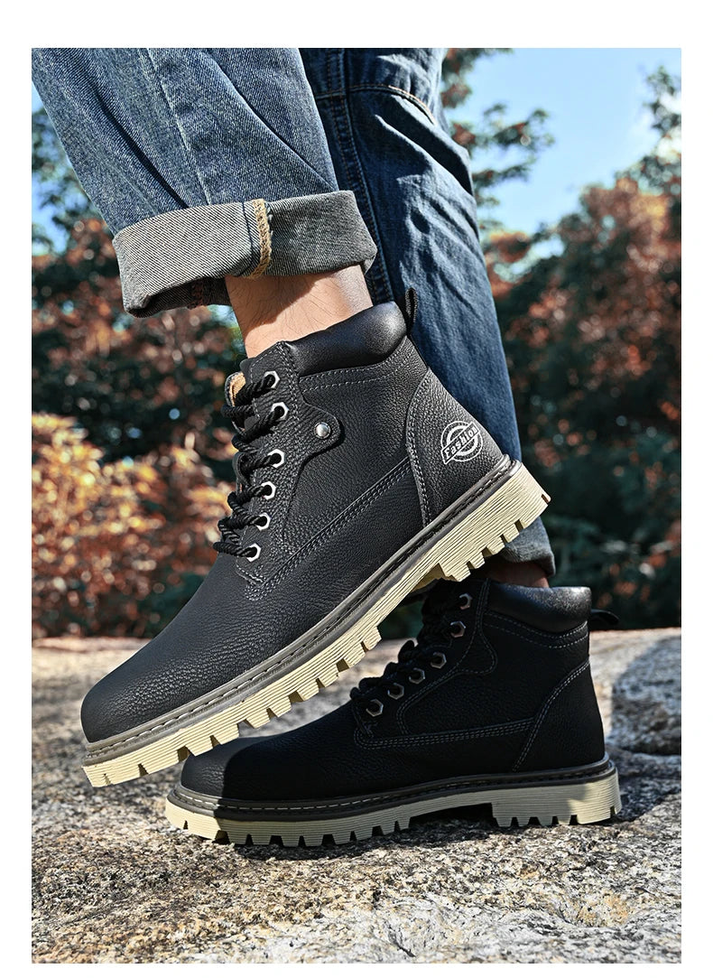 Leather Men Work Boots Mid Calf Ankle High Top Non Slip
