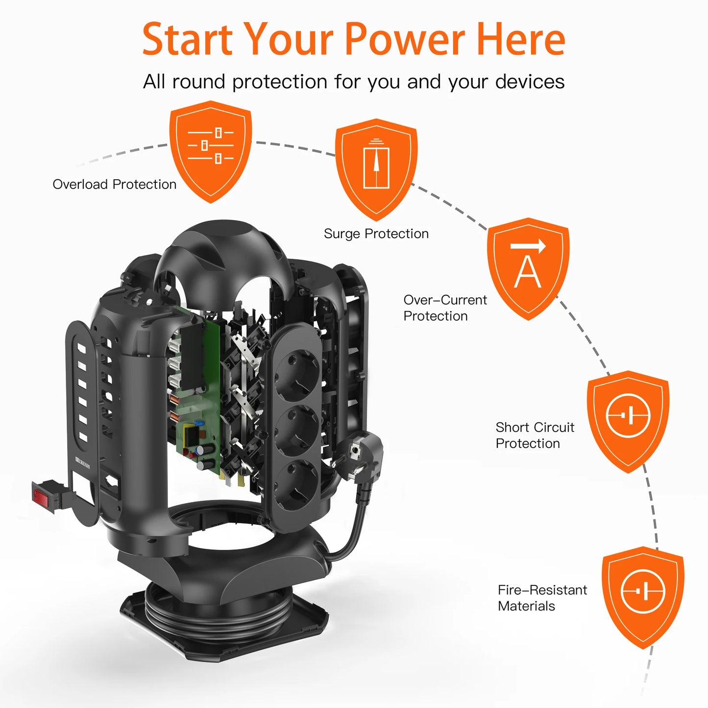 9 way Multiple Socket Power Strip with 6 USB Vertical EU Outlets Tower Socket with 1.8M Extension Cord Surge Protection for home