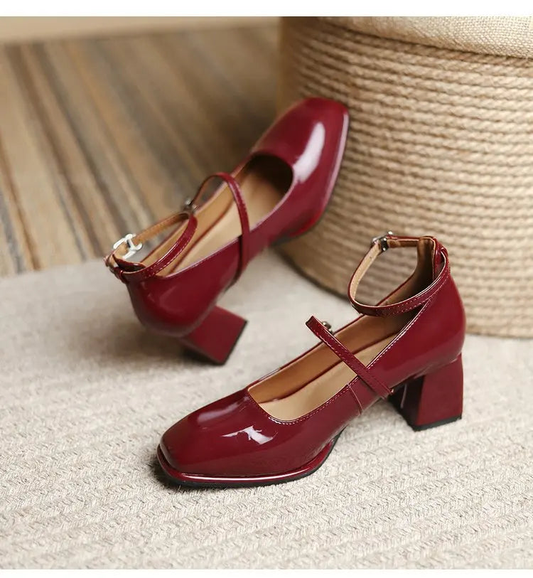 Leather Mary Jane Pumps Buckle Strap Shallow Square Toe High Heel Women