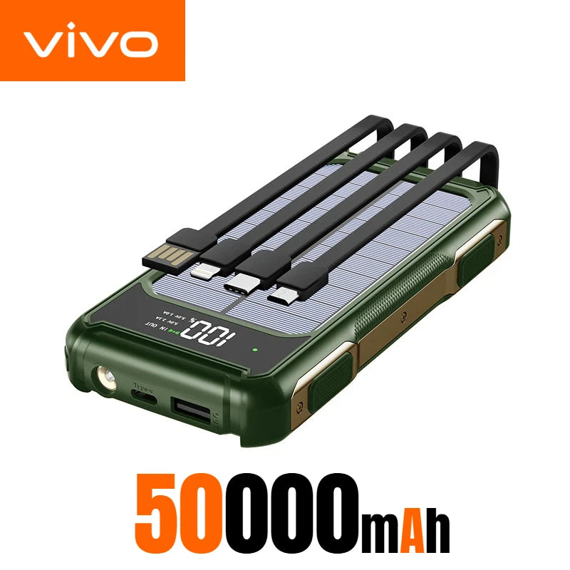 VIVO 200000mAh Solar Power Bank Large Capacity 4 in 1 Built in Cables Intelligent Digital Display Laser Light For Samsung