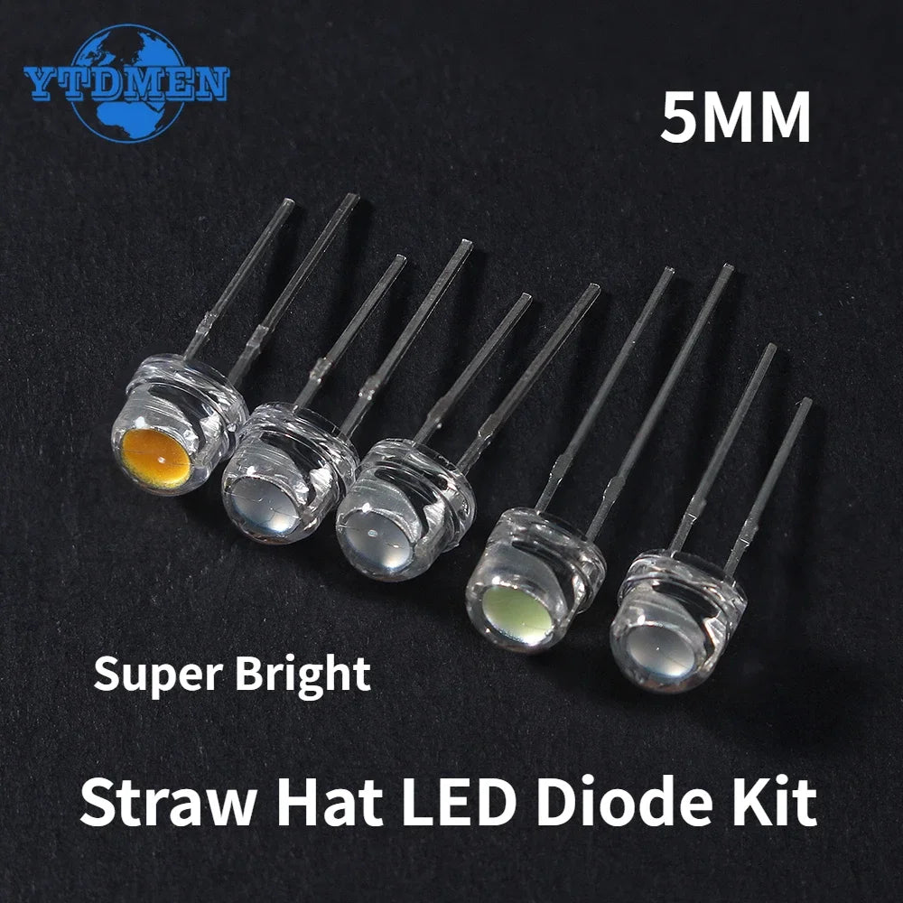 100pcs LED Diode F5 Super Bright Straw Hat LED 5mm Light Emitting Diodes Blue Green Red Yellow White, for DIY Electronic