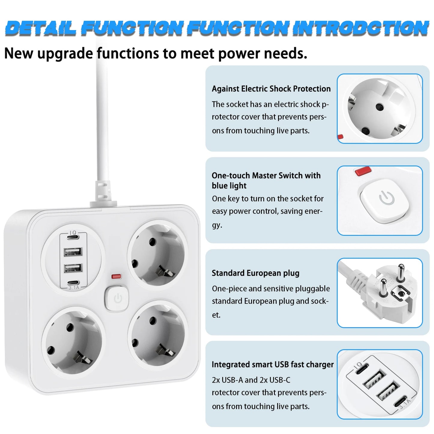 European plug extension cord power strip with 3AC+2USB-A+2USB-C with switch multi-contact socket 13A 250V 3250W surge protector