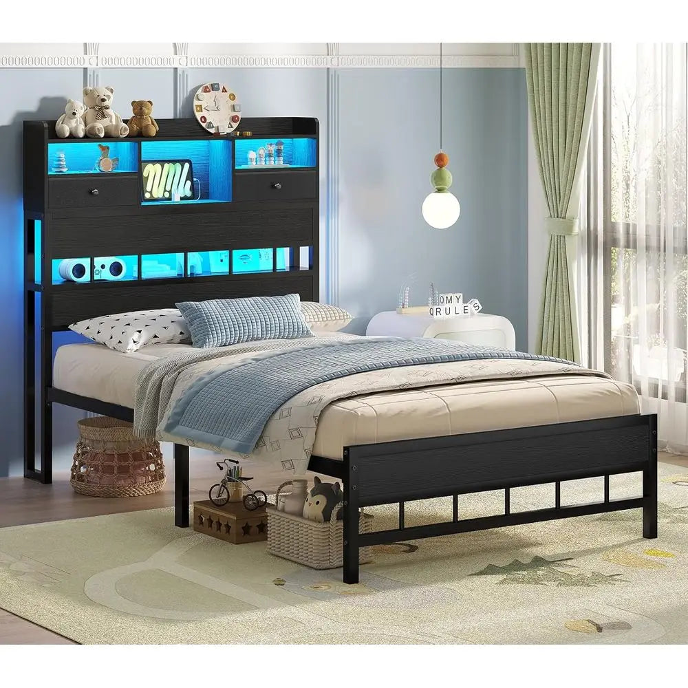 Twin Size Bed Frame with Headboard, LED Lighting, Storage Shelves, and Underbed Storage, Platform Bed for Kids, No Box Spring Re