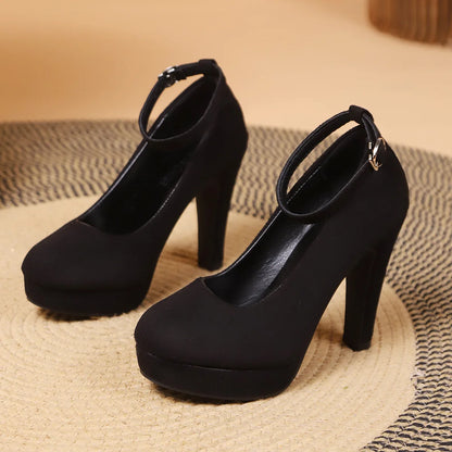 Platform Pumps Size 42 Black PU Ankle Buckle Shoes